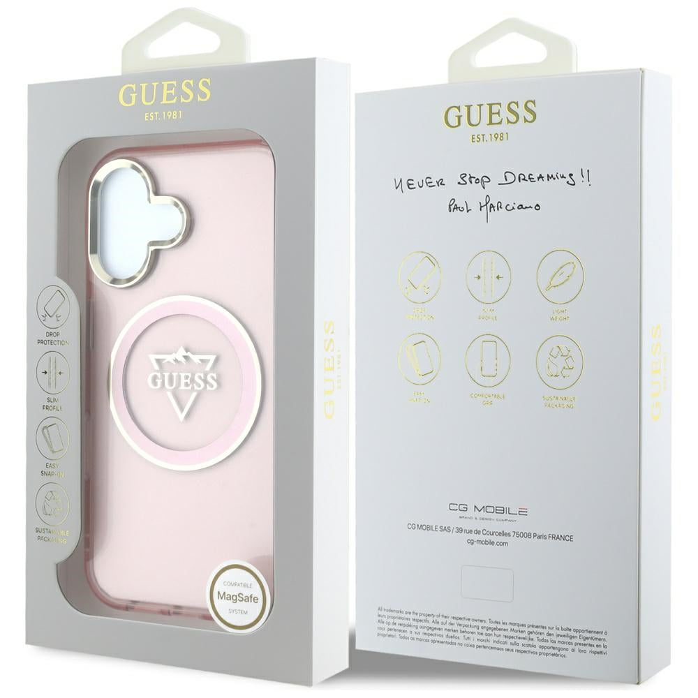 Futrola MagSafe za Apple iPhone 16, Guess, IML Metal Mountain Logo, Roza