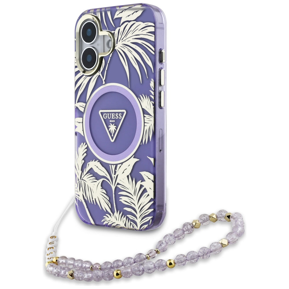 MagSafe torbica za Apple iPhone 16, Guess, IML Palm Trees Triangle with Pearl Strap, Ljubičasta