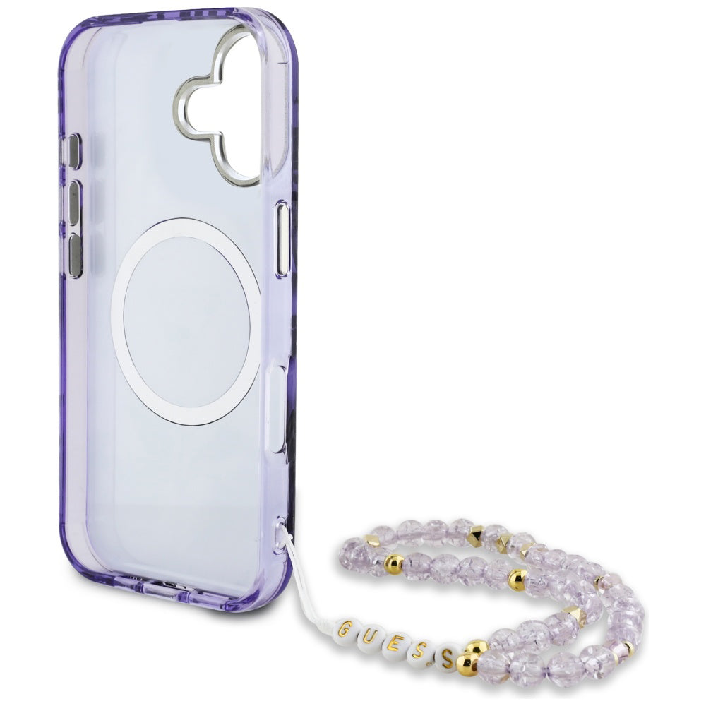 MagSafe torbica za Apple iPhone 16, Guess, IML Palm Trees Triangle with Pearl Strap, Ljubičasta