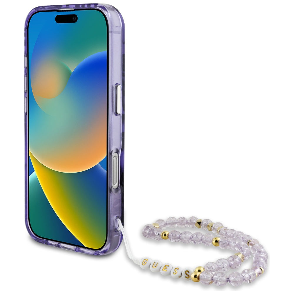 MagSafe torbica za Apple iPhone 16, Guess, IML Palm Trees Triangle with Pearl Strap, Ljubičasta