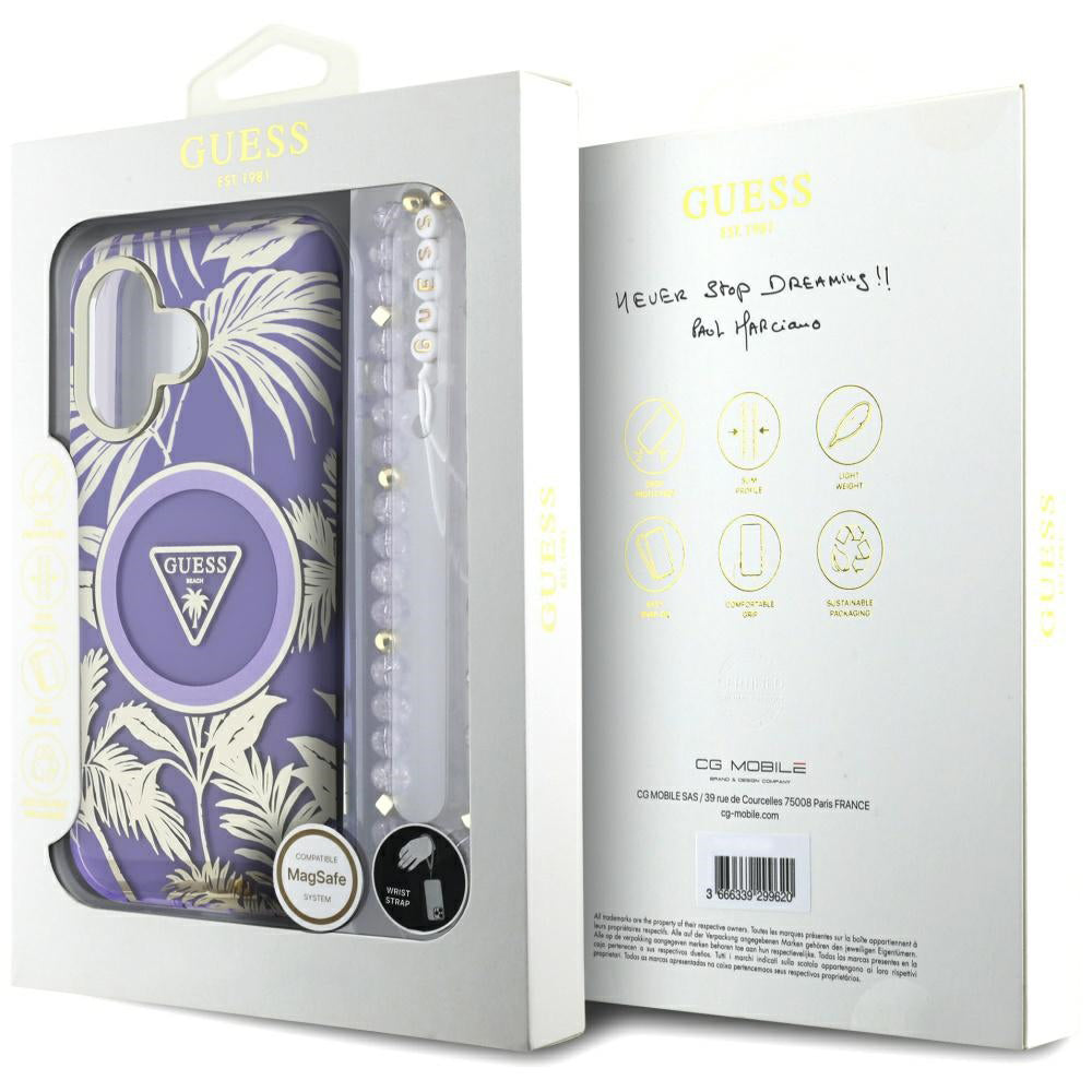 MagSafe torbica za Apple iPhone 16, Guess, IML Palm Trees Triangle with Pearl Strap, Ljubičasta