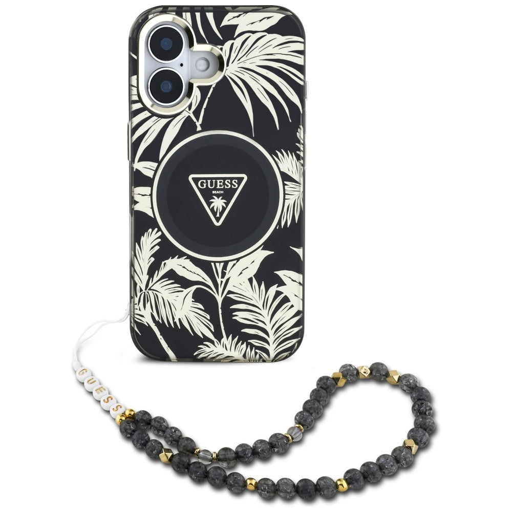 MagSafe futrola za Apple iPhone 16, Guess, IML Palm Trees Triangle with Pearl Strap, Crna