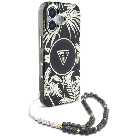 MagSafe futrola za Apple iPhone 16, Guess, IML Palm Trees Triangle with Pearl Strap, Crna
