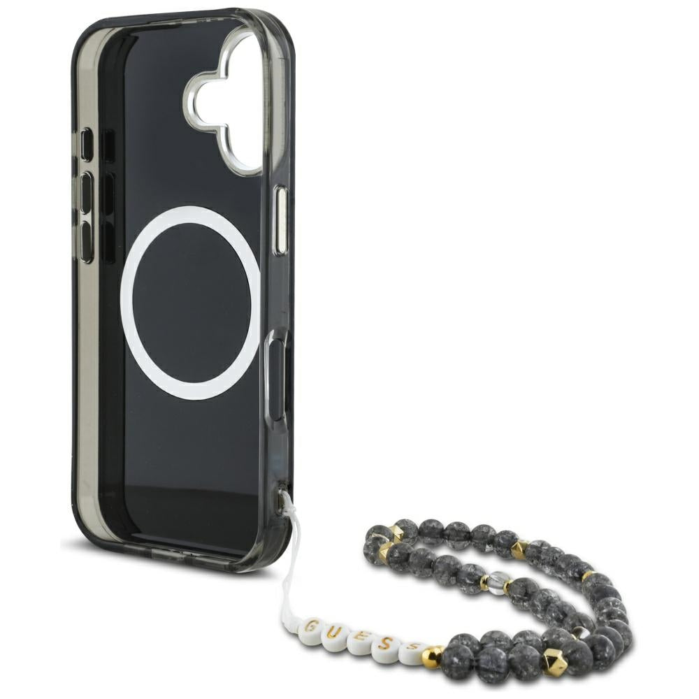 MagSafe futrola za Apple iPhone 16, Guess, IML Palm Trees Triangle with Pearl Strap, Crna