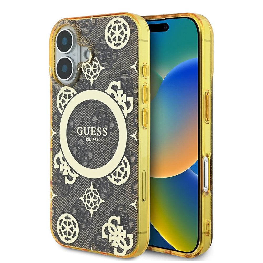 MagSafe futrola za Apple iPhone 16, Guess, IML Peony na 4G pozadini, smeđa