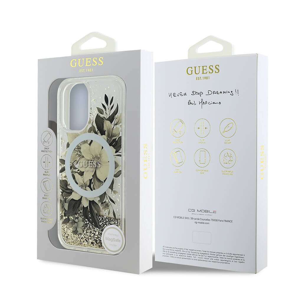 Futrola MagSafe za Apple iPhone 16, Guess, Liquid Glitter Flower, Bež