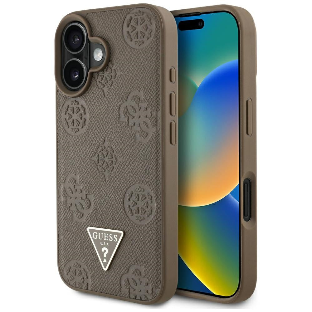 MagSafe futrola za Apple iPhone 16, Guess, Peony Grained Hot Stamp Triangle, smeđa