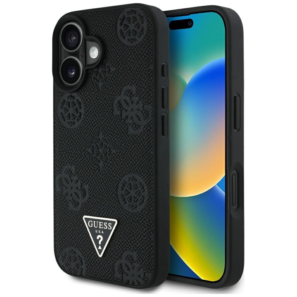 MagSafe futrola za Apple iPhone 16, Guess, Peony Grained Hot Stamp Triangle, Crna