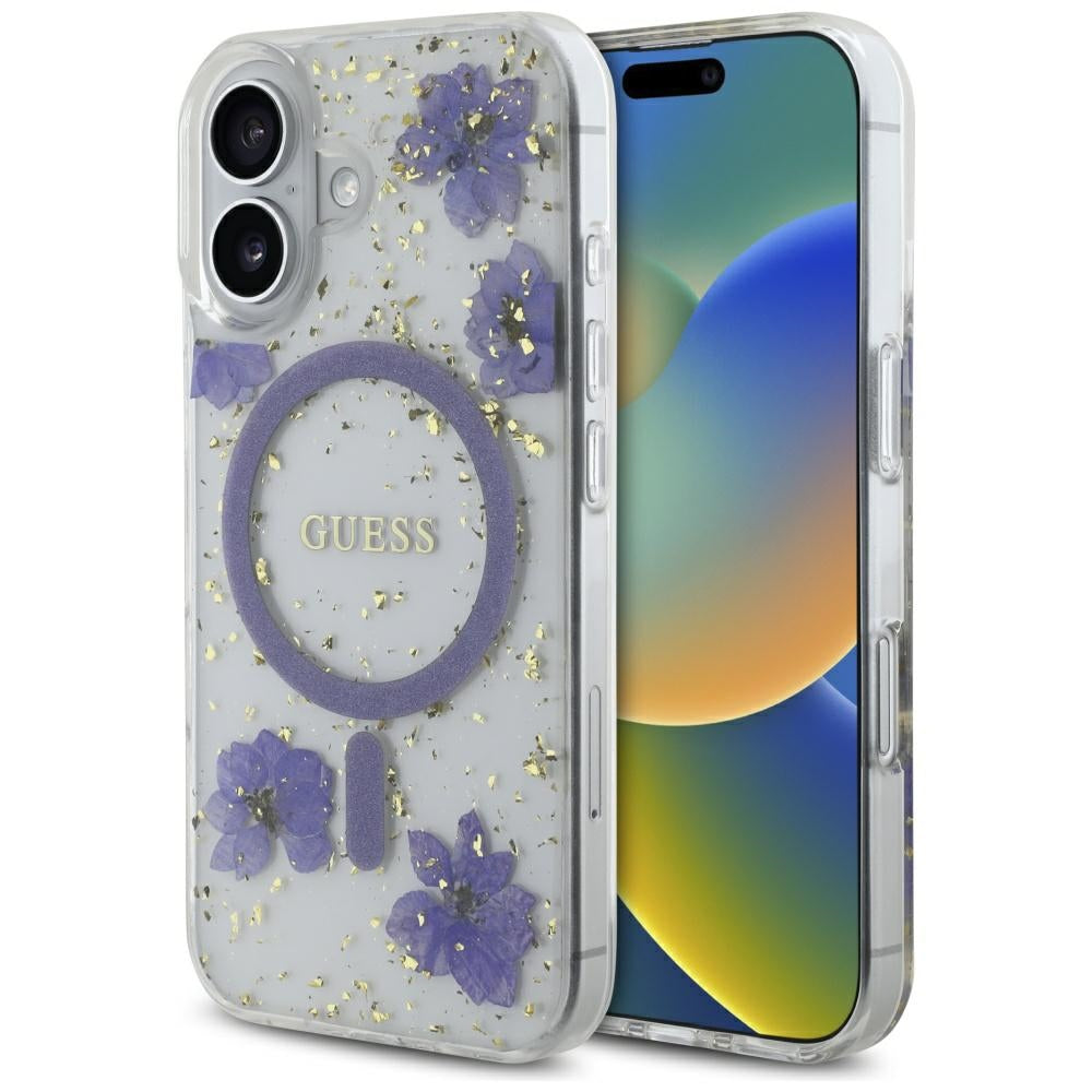 Husa MagSafe za Apple iPhone 16, Guess, Resin Flowers and Glitter, Ljubičasta