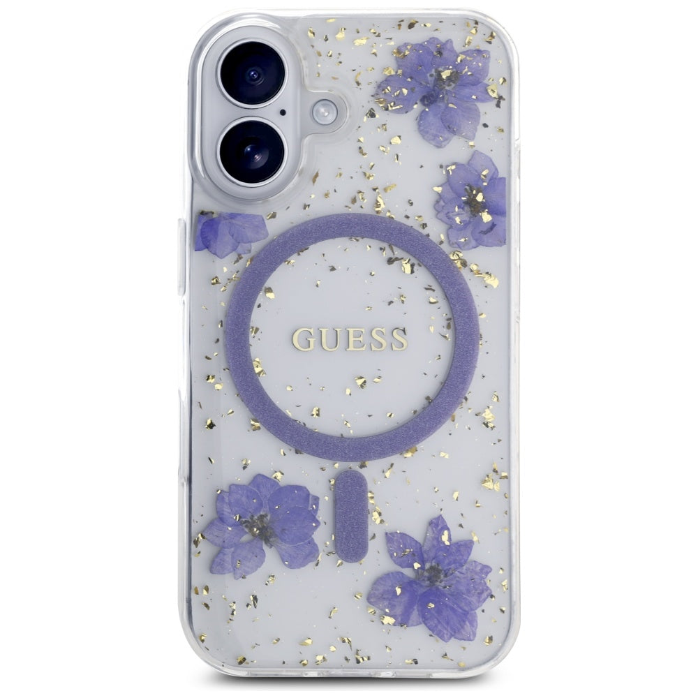 Husa MagSafe za Apple iPhone 16, Guess, Resin Flowers and Glitter, Ljubičasta