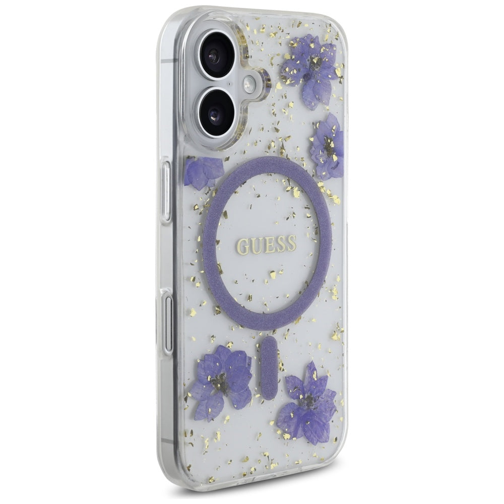 Husa MagSafe za Apple iPhone 16, Guess, Resin Flowers and Glitter, Ljubičasta