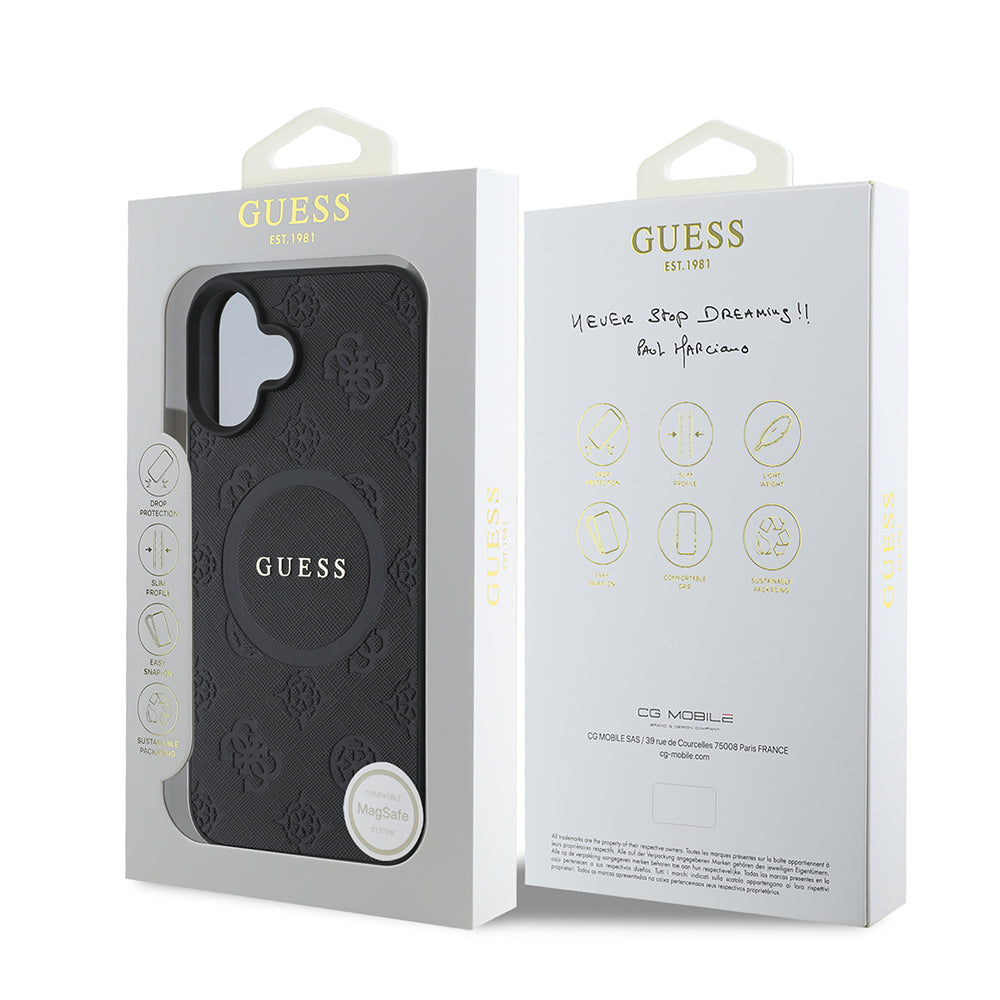 Futrola MagSafe za Apple iPhone 16, Guess, Saffiano Peony Classic Logo, Crna