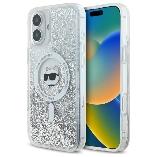 Husa MagSafe za Apple iPhone 16, Karl Lagerfeld, Glitter Liquid Choupette Head, Prozirna