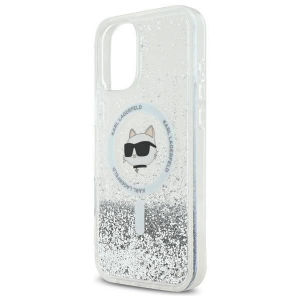 Husa MagSafe za Apple iPhone 16, Karl Lagerfeld, Glitter Liquid Choupette Head, Prozirna