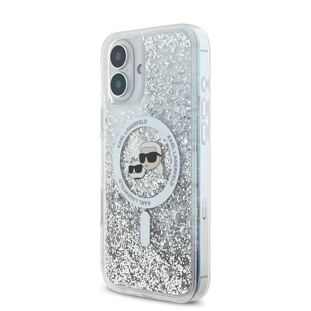 Husa MagSafe za Apple iPhone 16, Karl Lagerfeld, Glitter Liquid Karl & Choupette' s Heads, Prozirna