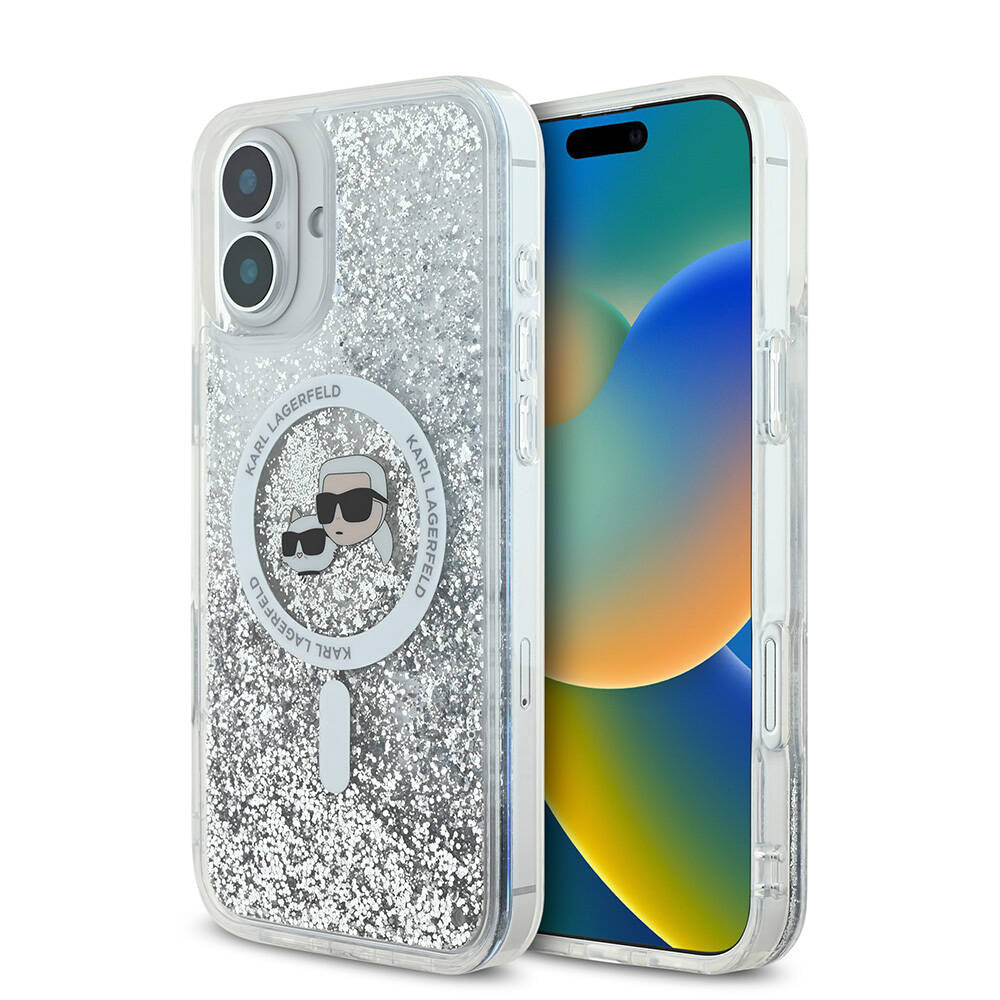 Husa MagSafe za Apple iPhone 16, Karl Lagerfeld, Glitter Liquid Karl & Choupette' s Heads, Prozirna