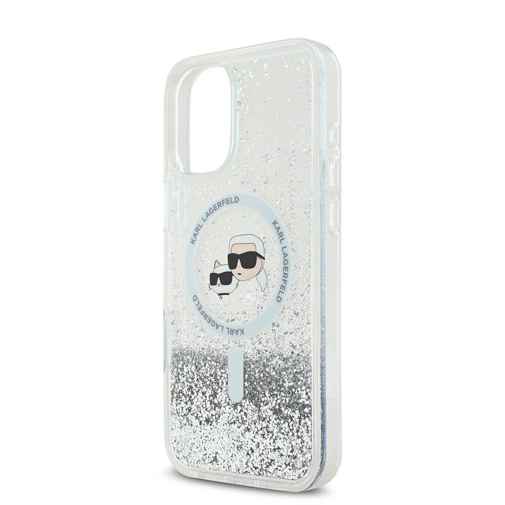 Husa MagSafe za Apple iPhone 16, Karl Lagerfeld, Glitter Liquid Karl & Choupette' s Heads, Prozirna