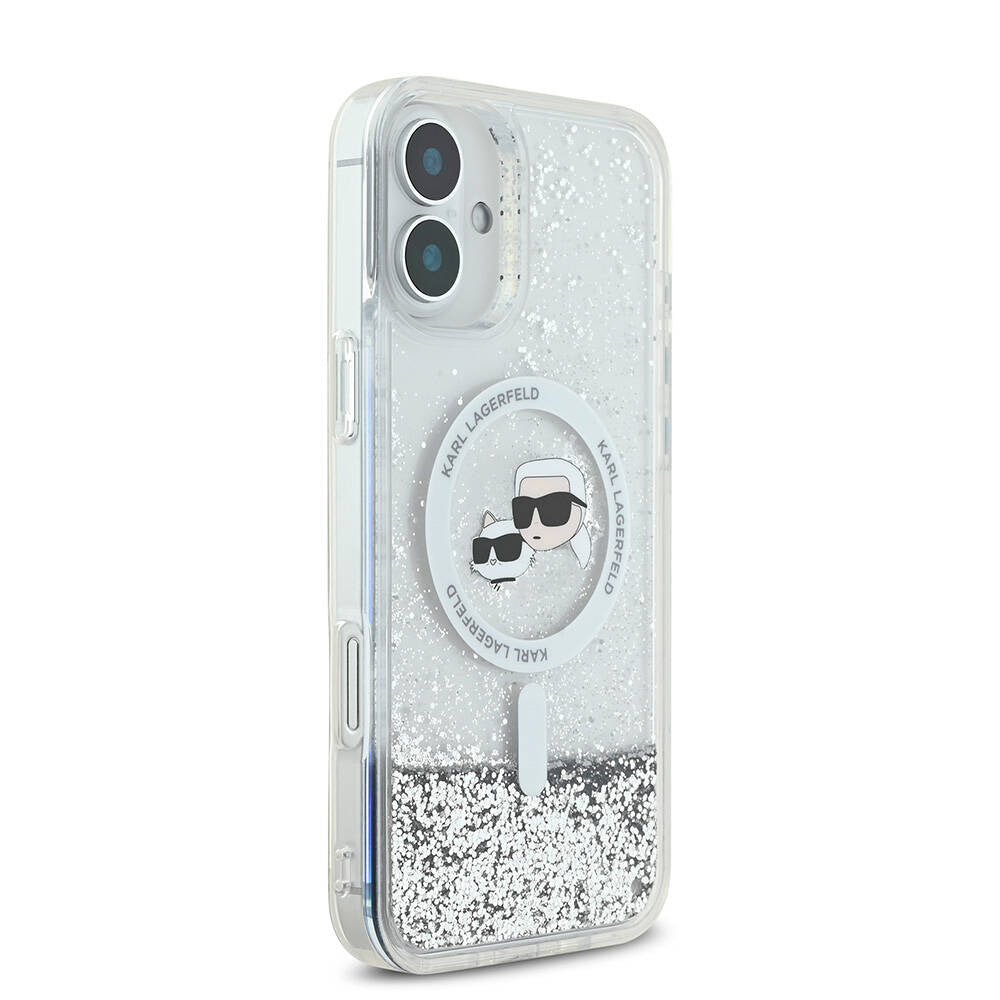 Husa MagSafe za Apple iPhone 16, Karl Lagerfeld, Glitter Liquid Karl & Choupette' s Heads, Prozirna