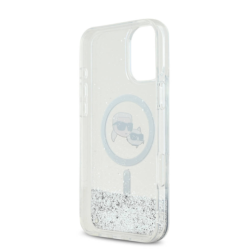 Husa MagSafe za Apple iPhone 16, Karl Lagerfeld, Glitter Liquid Karl & Choupette' s Heads, Prozirna
