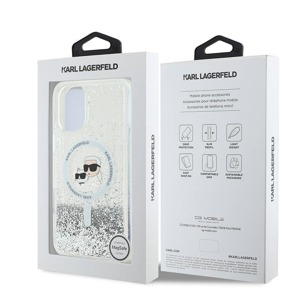 Husa MagSafe za Apple iPhone 16, Karl Lagerfeld, Glitter Liquid Karl & Choupette' s Heads, Prozirna