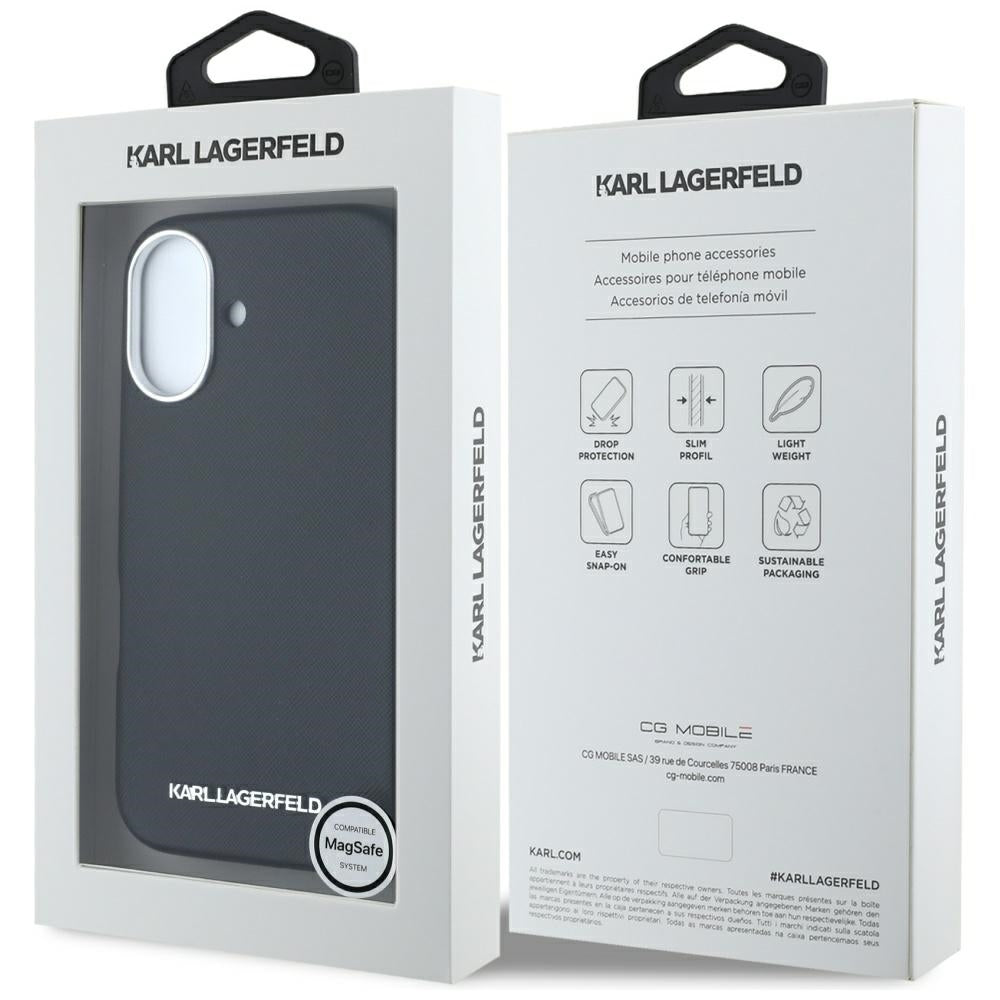 Futrola MagSafe za Apple iPhone 16, Karl Lagerfeld, Saffiano Full Wrapped Elongated Metal Logo, Crna