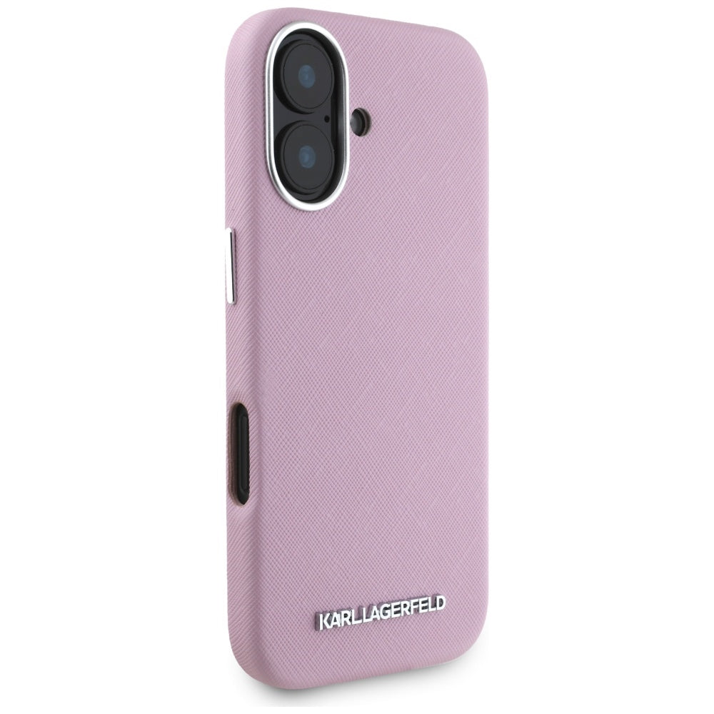 Futrola MagSafe za Apple iPhone 16, Karl Lagerfeld, Saffiano Full Wrapped Elongated Metal Logo, Roza