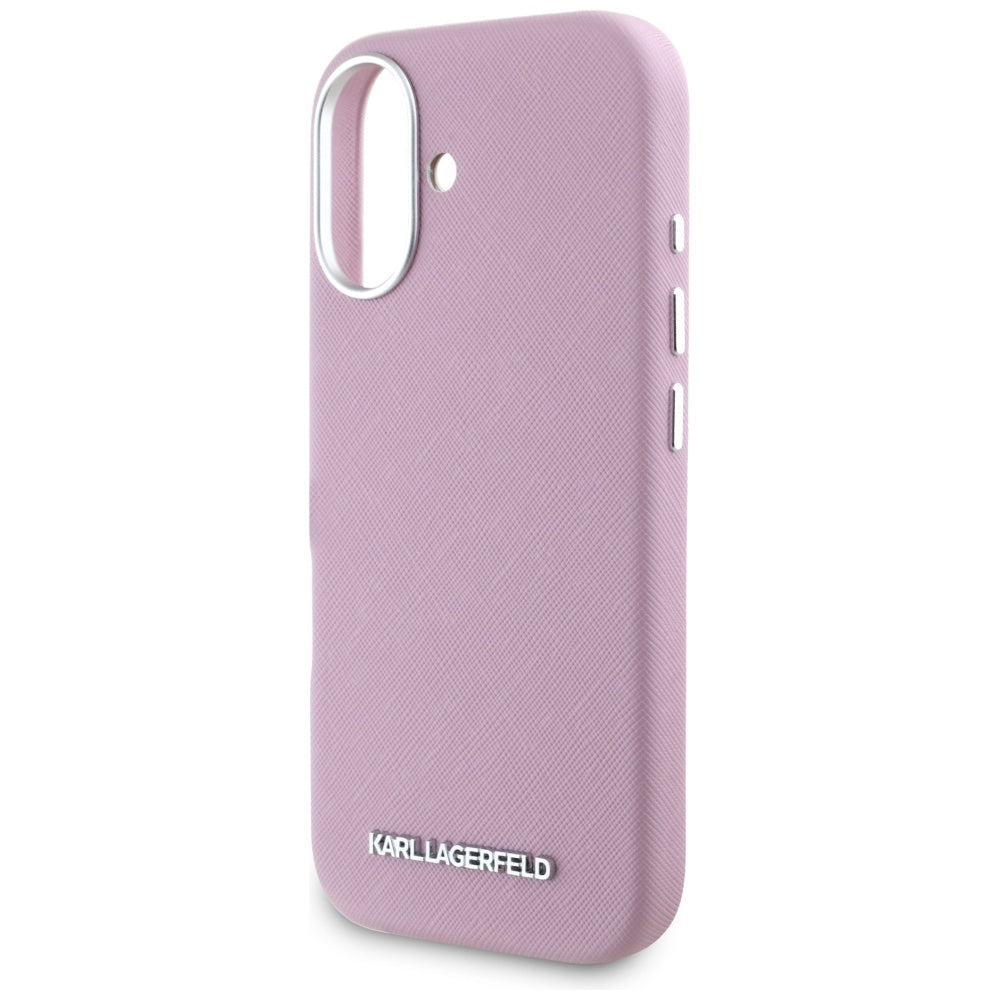 Futrola MagSafe za Apple iPhone 16, Karl Lagerfeld, Saffiano Full Wrapped Elongated Metal Logo, Roza