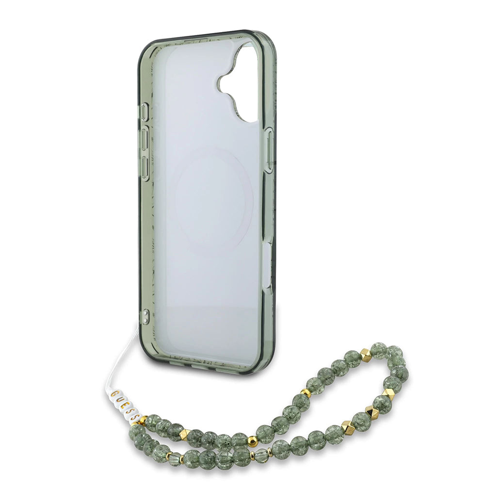 MagSafe futrola za Apple iPhone 16 Plus, Guess, IML Flowers Allover Electroplated with Pearl Strap, Zelena