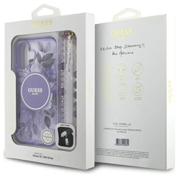 Husa MagSafe za Apple iPhone 16 Plus, Guess, IML Flowers with Pearl Strap, Ljubičasta
