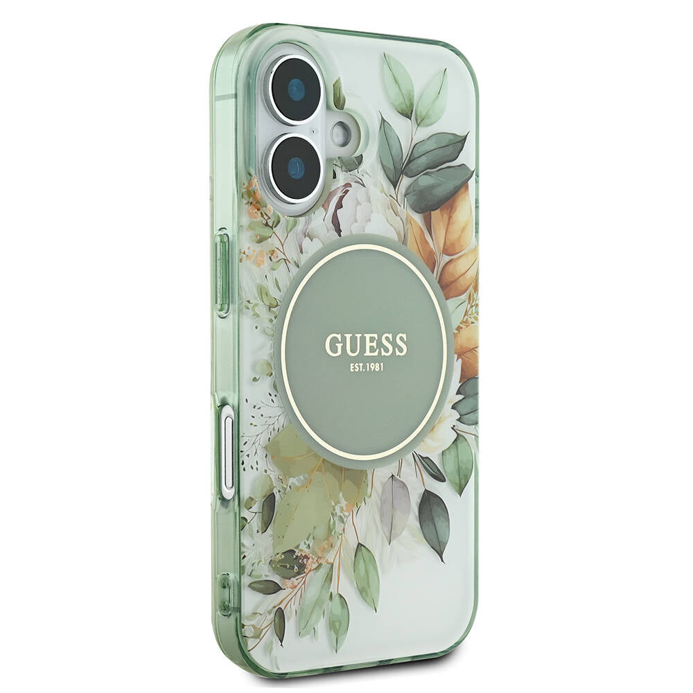 MagSafe futrola za Apple iPhone 16 Plus, Guess, IML Flowers with Pearl Strap, Zelena
