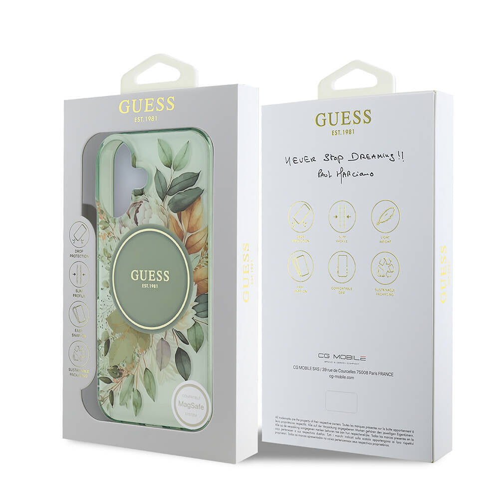 MagSafe futrola za Apple iPhone 16 Plus, Guess, IML Flowers with Pearl Strap, Zelena