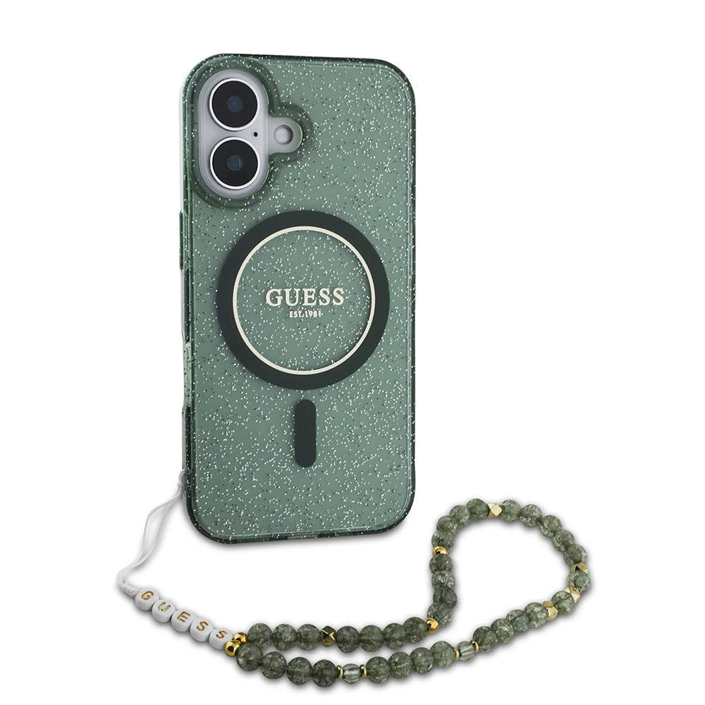 MagSafe futrola za Apple iPhone 16 Plus, Guess, IML Glitter s perlom trakom, Zelena