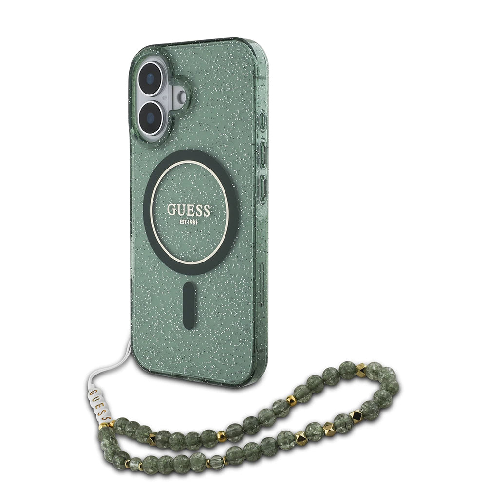 MagSafe futrola za Apple iPhone 16 Plus, Guess, IML Glitter s perlom trakom, Zelena