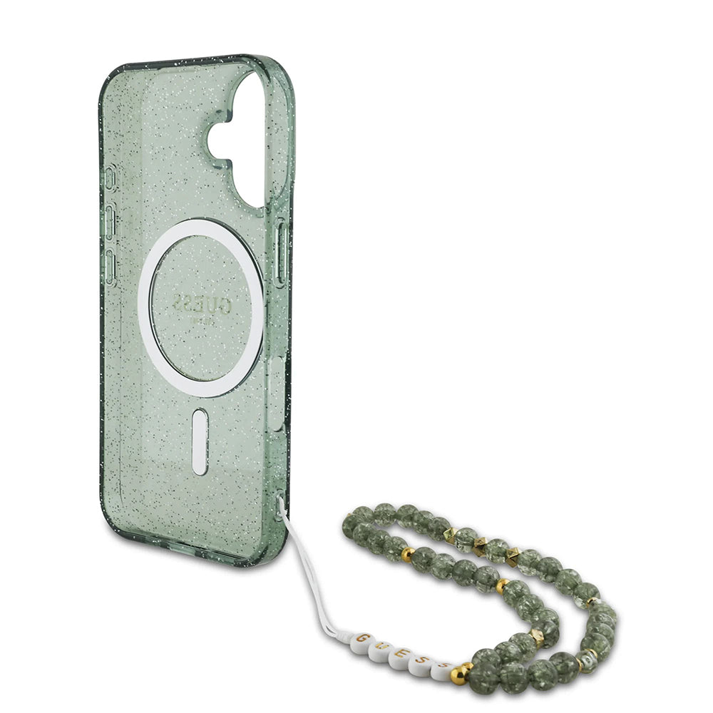 MagSafe futrola za Apple iPhone 16 Plus, Guess, IML Glitter s perlom trakom, Zelena