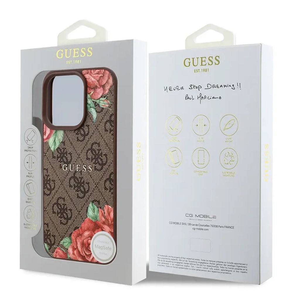 MagSafe futrola za Apple iPhone 16 Pro, Guess, 4G Flowers Print, smeđa