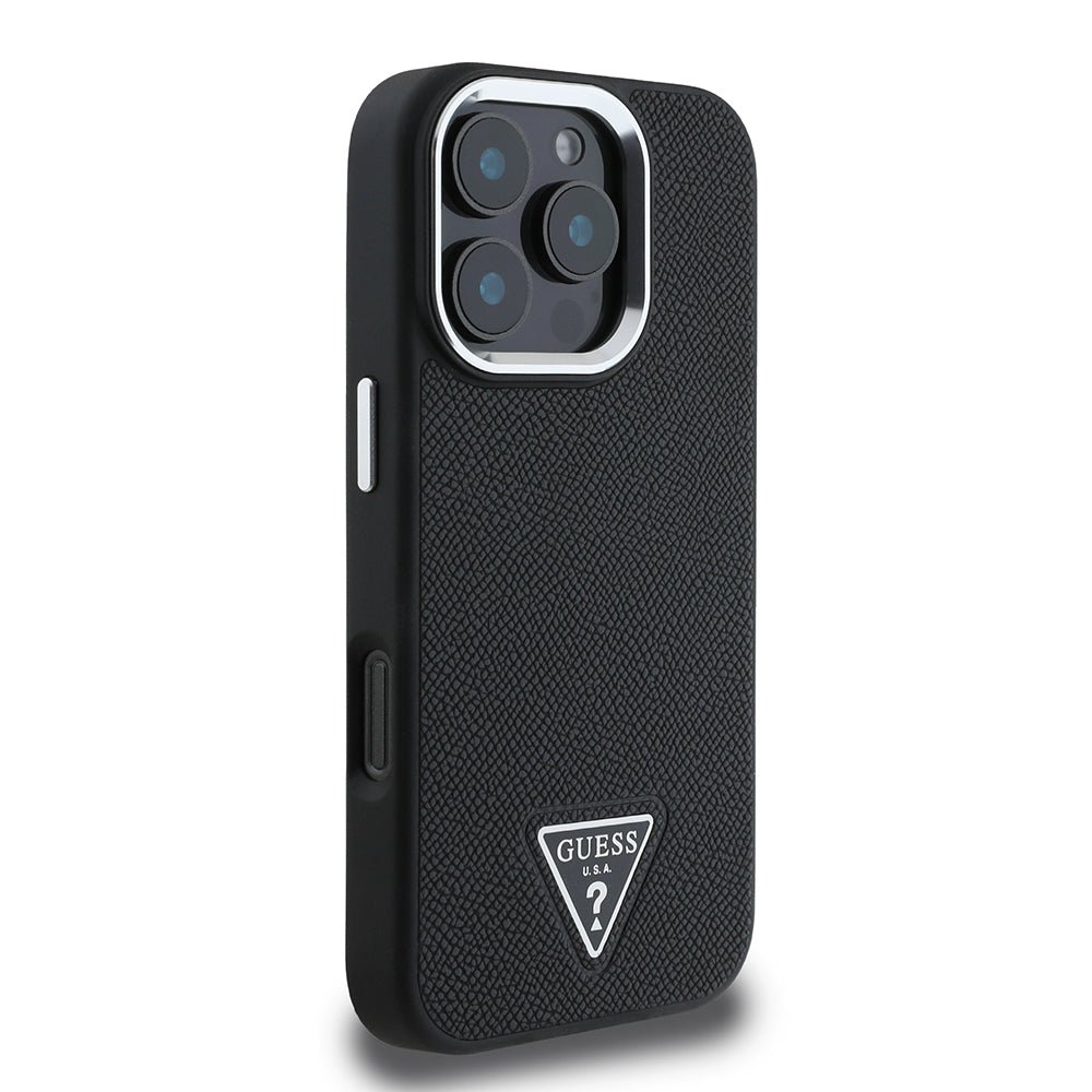 Husa MagSafe za Apple iPhone 16 Pro, Guess, Grained Triangle Logo, Crna