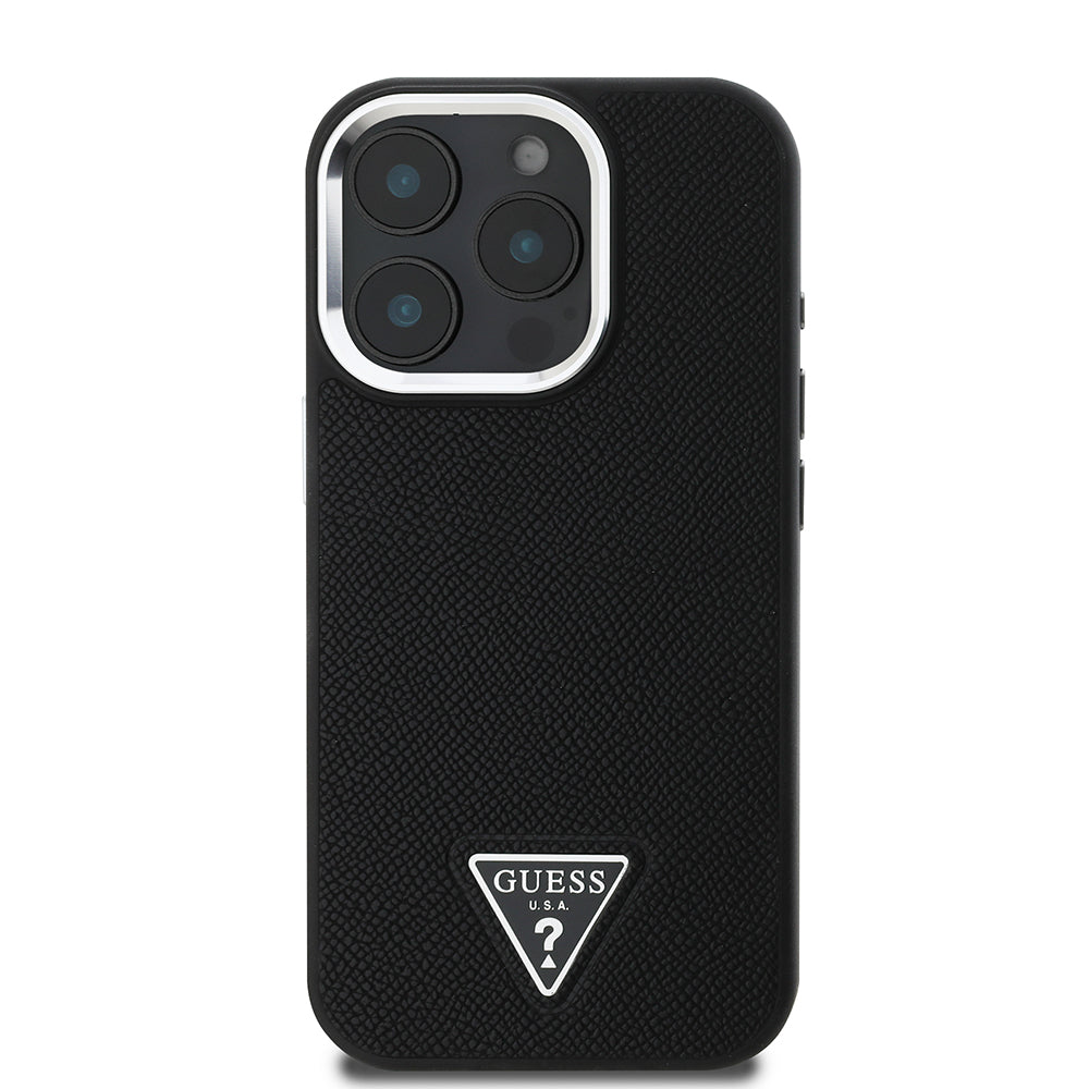 Husa MagSafe za Apple iPhone 16 Pro, Guess, Grained Triangle Logo, Crna