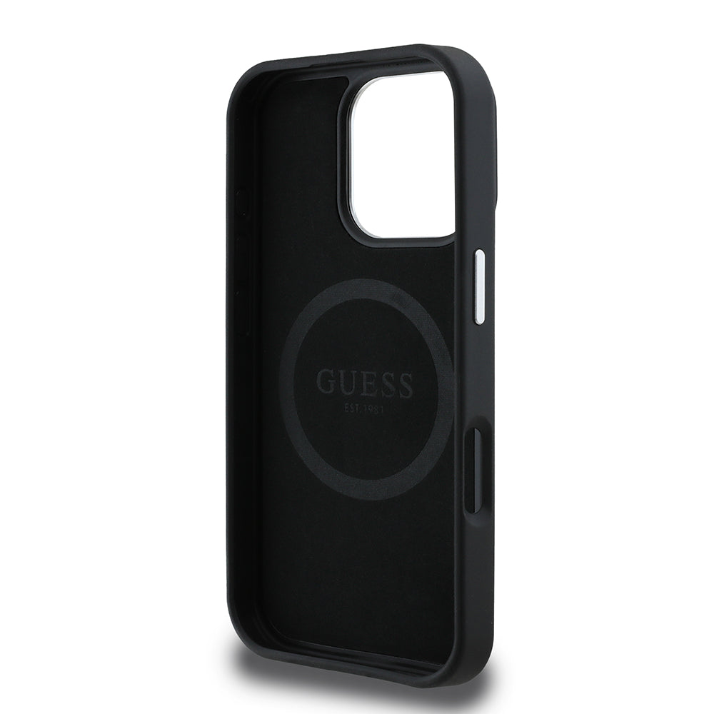 Husa MagSafe za Apple iPhone 16 Pro, Guess, Grained Triangle Logo, Crna