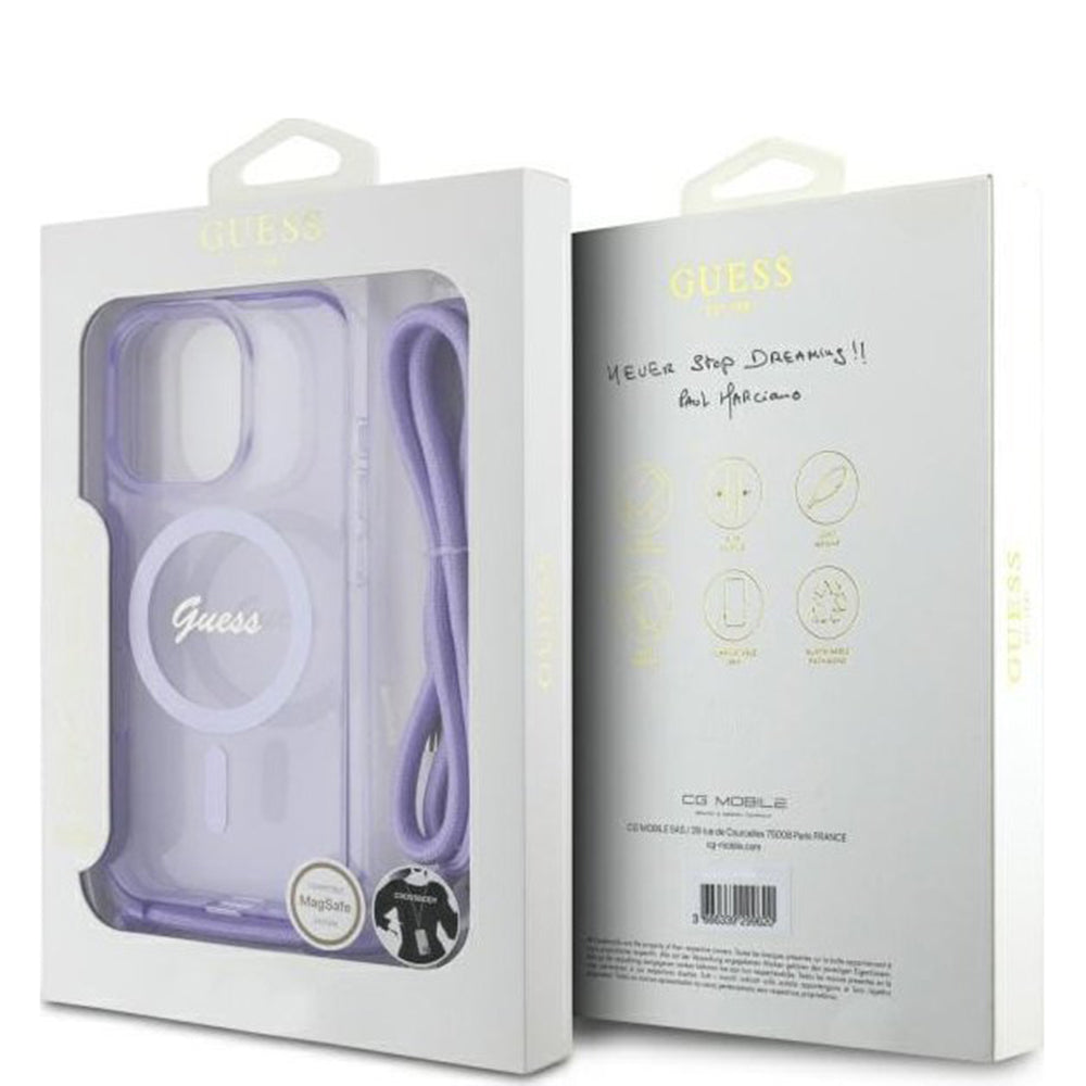 Futrola MagSafe za Apple iPhone 16 Pro, Guess, IML Crossbody Cord Script, Ljubičasta
