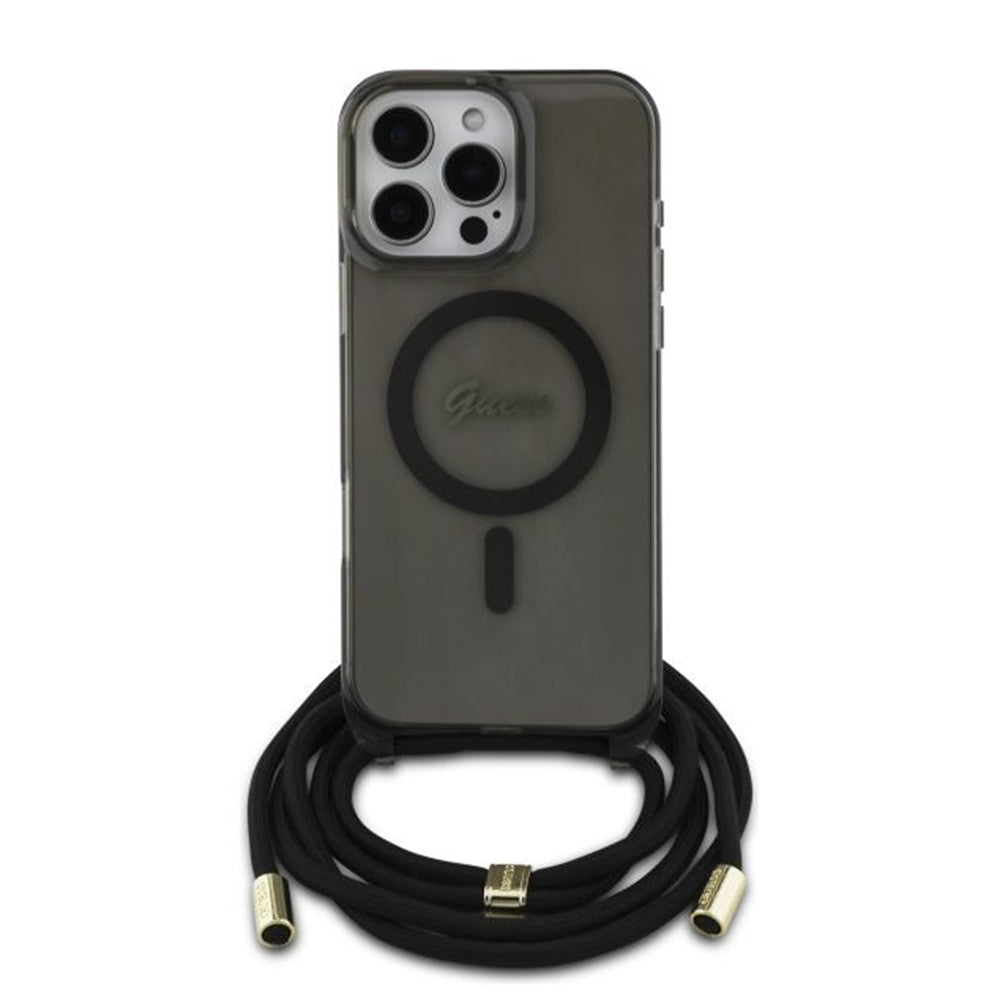 MagSafe torbica za Apple iPhone 16 Pro, Guess, IML Crossbody Cord Script, Crna
