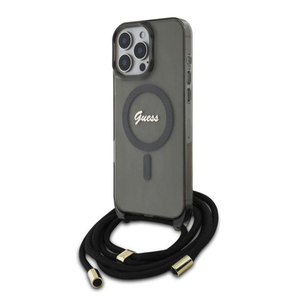 MagSafe torbica za Apple iPhone 16 Pro, Guess, IML Crossbody Cord Script, Crna