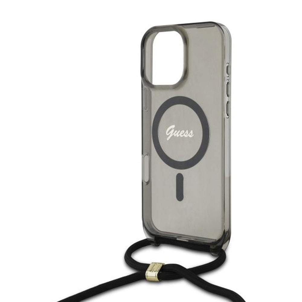 MagSafe torbica za Apple iPhone 16 Pro, Guess, IML Crossbody Cord Script, Crna
