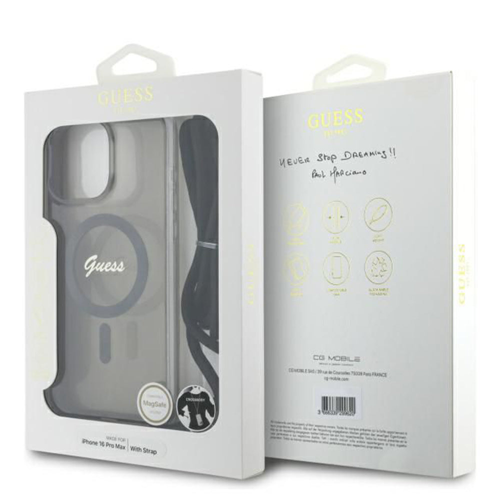 MagSafe torbica za Apple iPhone 16 Pro, Guess, IML Crossbody Cord Script, Crna