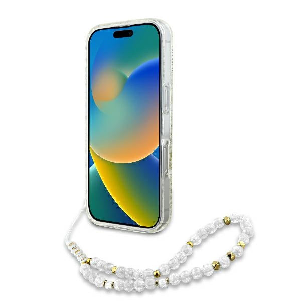 MagSafe futrola za Apple iPhone 16 Pro, Guess, IML Flowers Allover Electroplated with Pearl Strap, Bijela