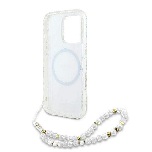MagSafe futrola za Apple iPhone 16 Pro, Guess, IML Flowers Allover Electroplated with Pearl Strap, Bijela