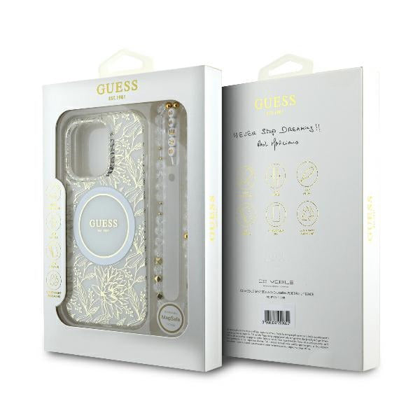 MagSafe futrola za Apple iPhone 16 Pro, Guess, IML Flowers Allover Electroplated with Pearl Strap, Bijela