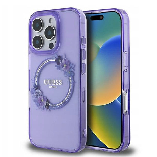MagSafe futrola za Apple iPhone 16 Pro, Guess, IML Flowers Wreath, Ljubičasta