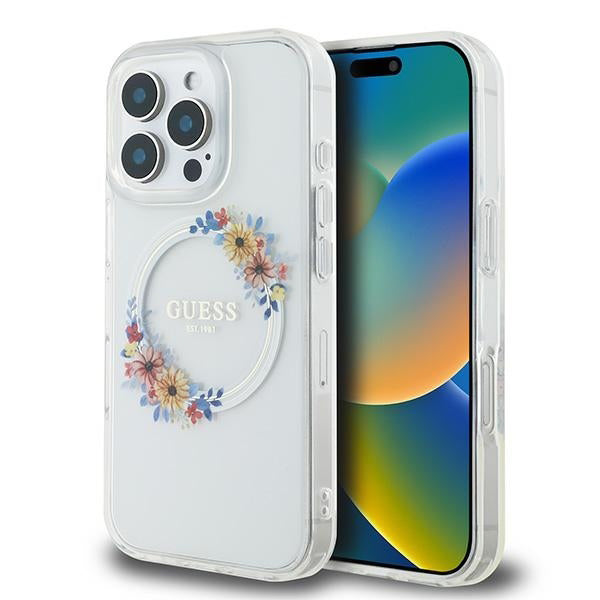 MagSafe futrola za Apple iPhone 16 Pro, Guess, IML Flowers Wreath, Prozirna