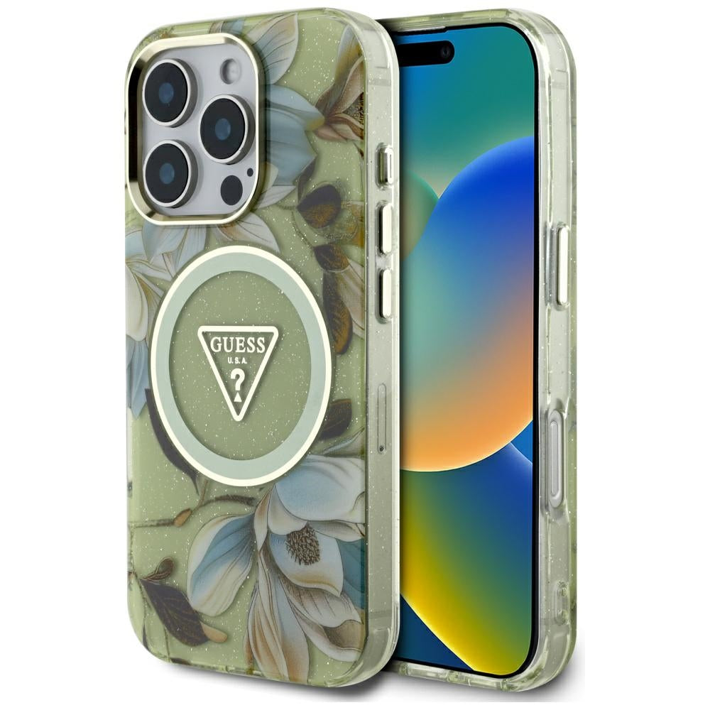 MagSafe futrola za Apple iPhone 16 Pro, Guess, IML Metal Glitter Flowers Triangle, Zelena
