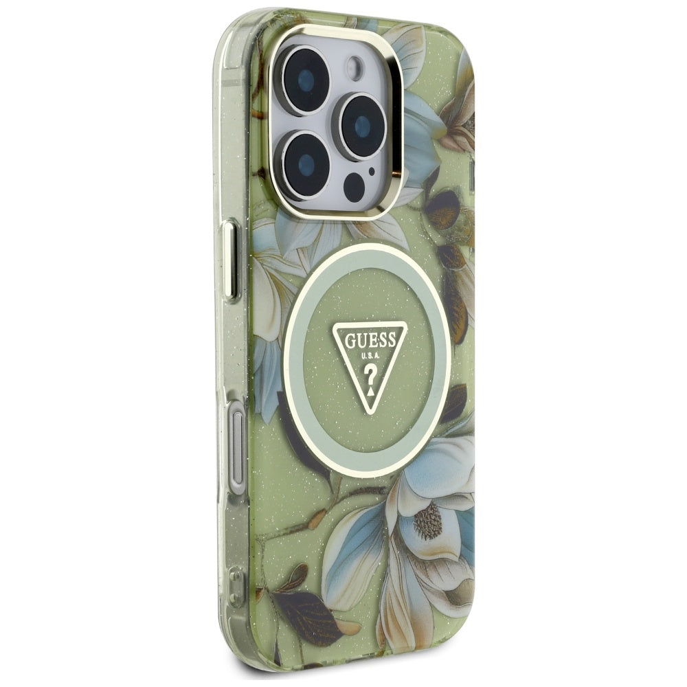MagSafe futrola za Apple iPhone 16 Pro, Guess, IML Metal Glitter Flowers Triangle, Zelena
